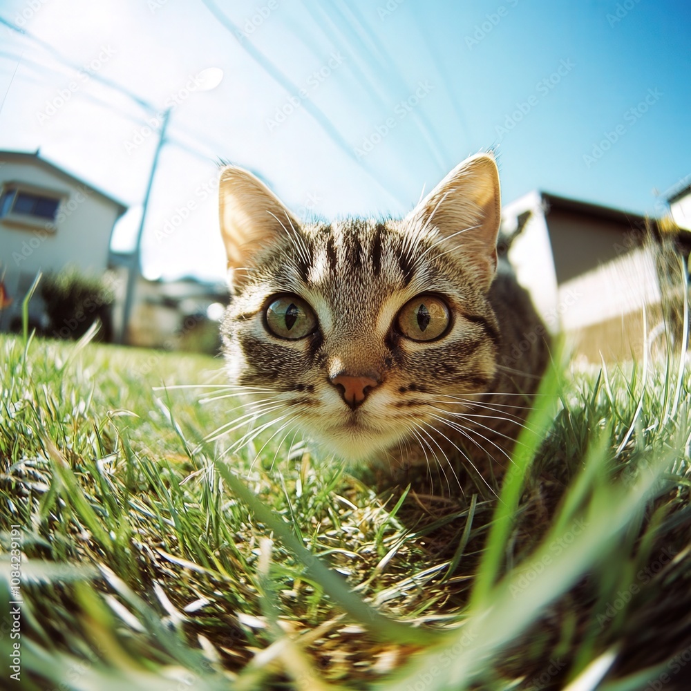A cute little cat is exploring a grassy yard under bright sunlight. Its wide eyes show curiosity as it moves slowly among the blades of grass, taking in the surroundings.