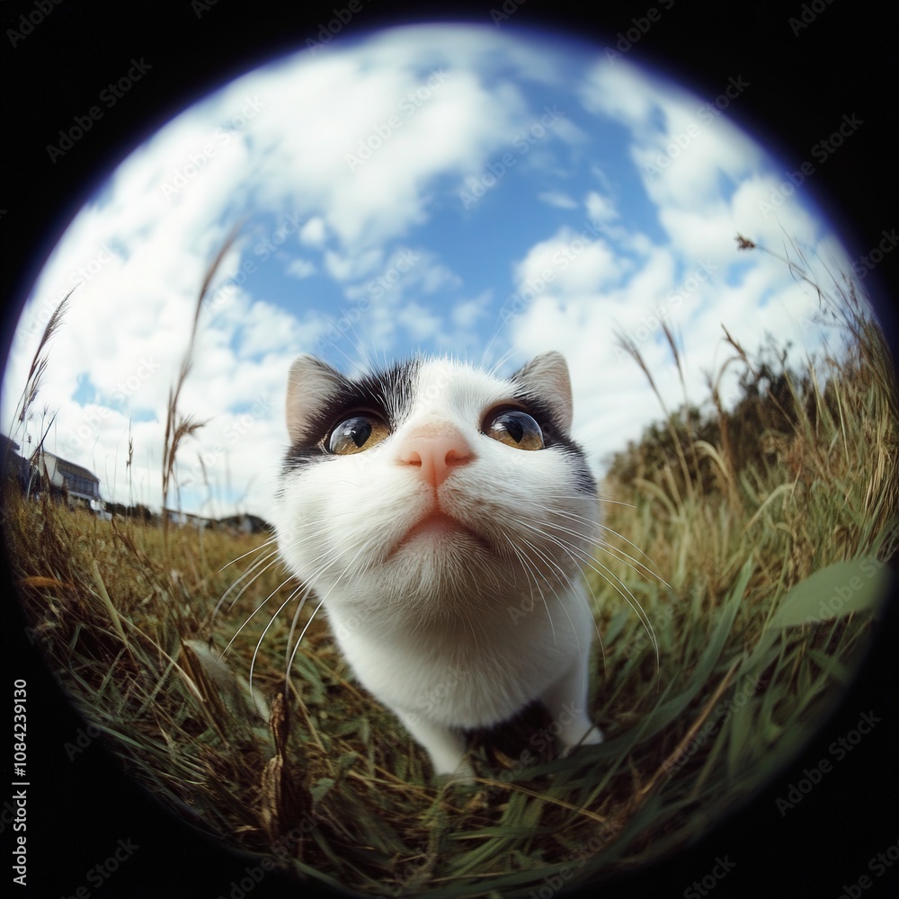 A cute little cat moves slowly through the tall grass, curiously observing its surroundings under a bright blue sky. The fluffy clouds add charm to the outdoor setting.