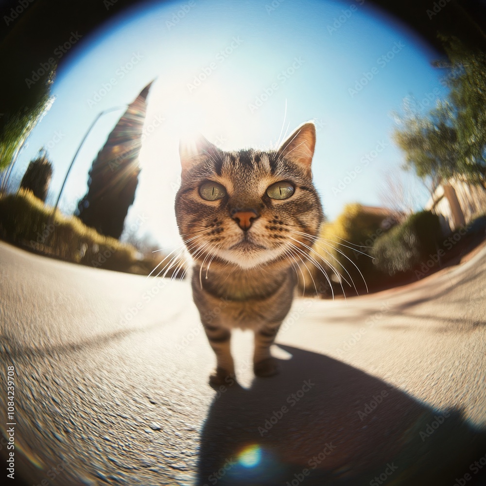 A cute little cat walks slowly along a sunny pathway in the park, showcasing its playful nature and curiosity. The warm sunlight highlights its adorable features and surroundings.