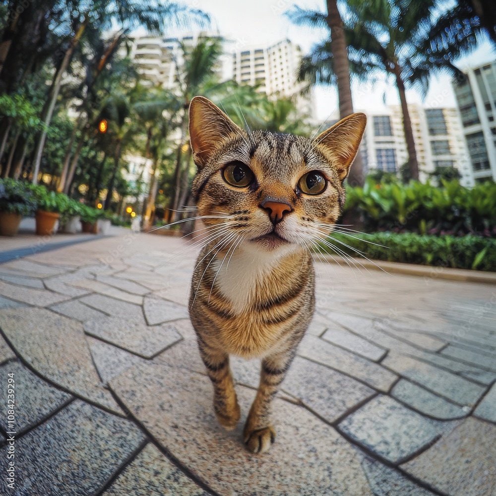 A cute little cat walks slowly through a lush tropical garden surrounded by tall palm trees and modern buildings. The atmosphere is serene and inviting, highlighting the cats playful curiosity.