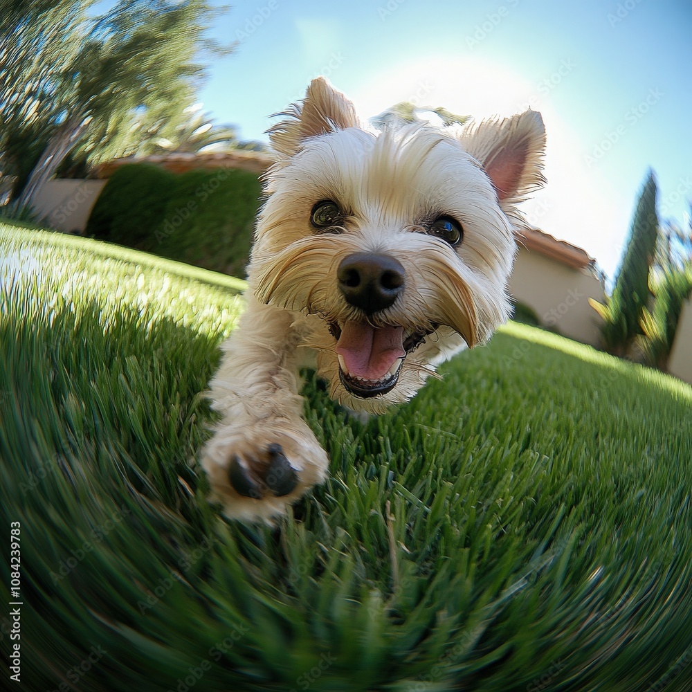 A cute little dog joyfully runs on the vibrant green grass under the clear blue sky. Its tail wags excitedly as it enjoys the warm sunshine and open space.