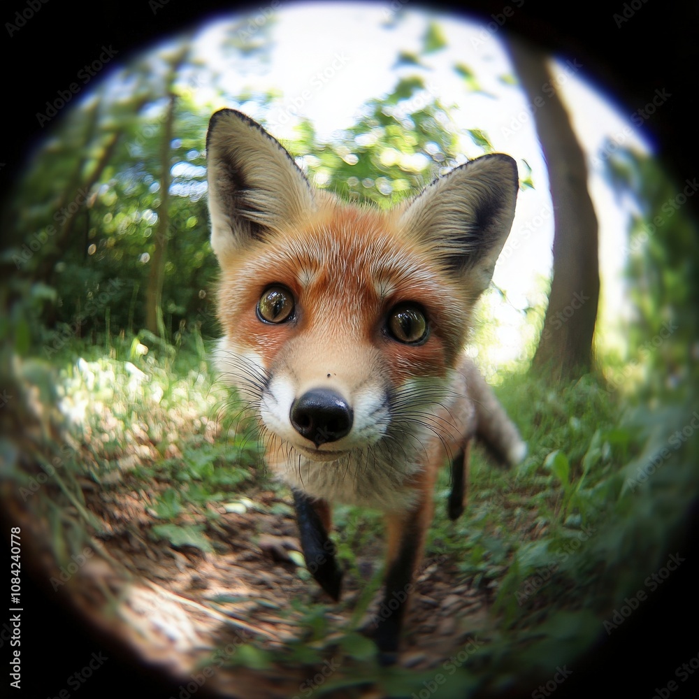 A cute little fox moves slowly through the greenery of its forest habitat, its bright eyes full of curiosity as it navigates the sunlit surroundings, enjoying the peaceful nature around it.