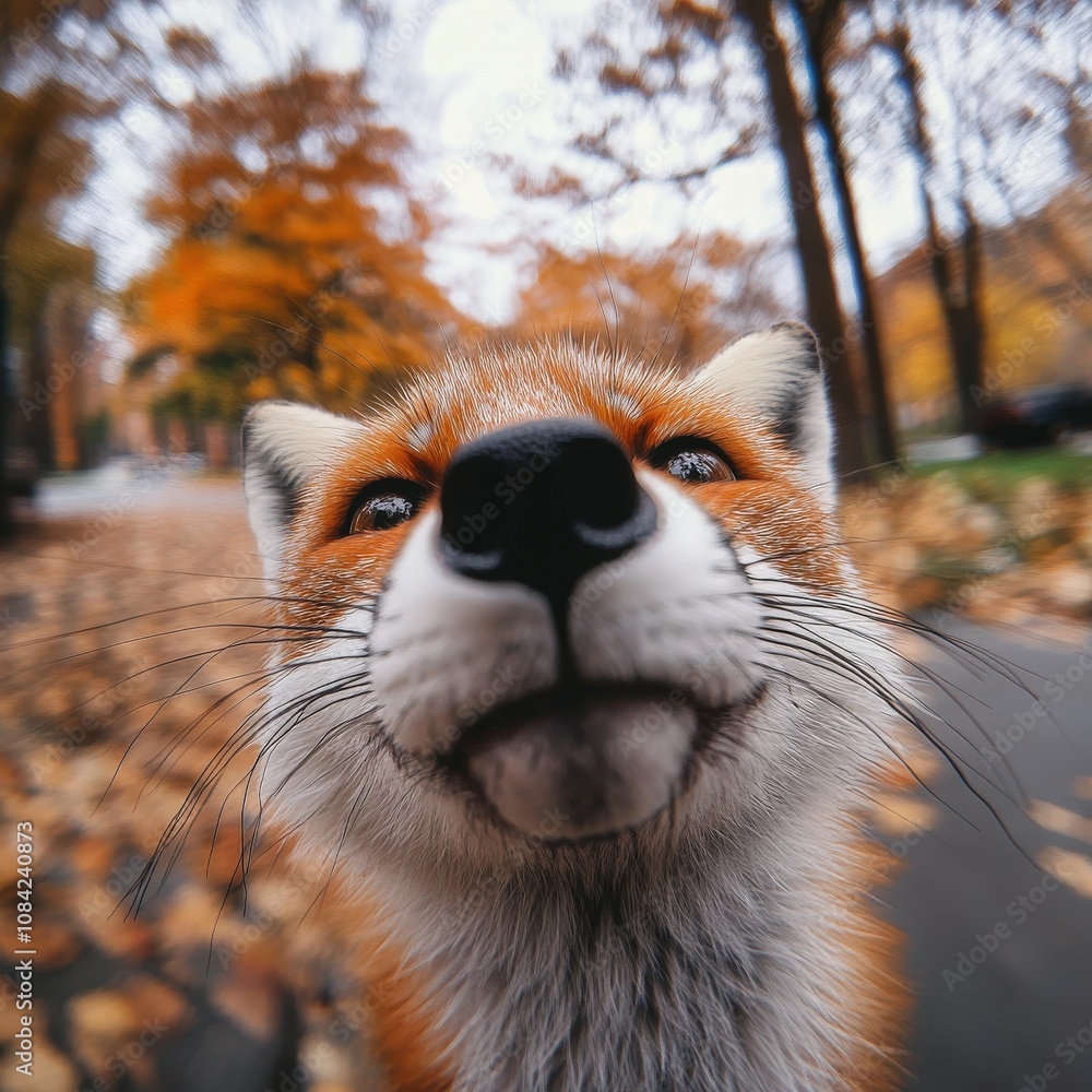 A cute little fox wanders slowly through a serene autumn park filled with colorful fallen leaves. Its curious expression captures the essence of a peaceful moment in nature.