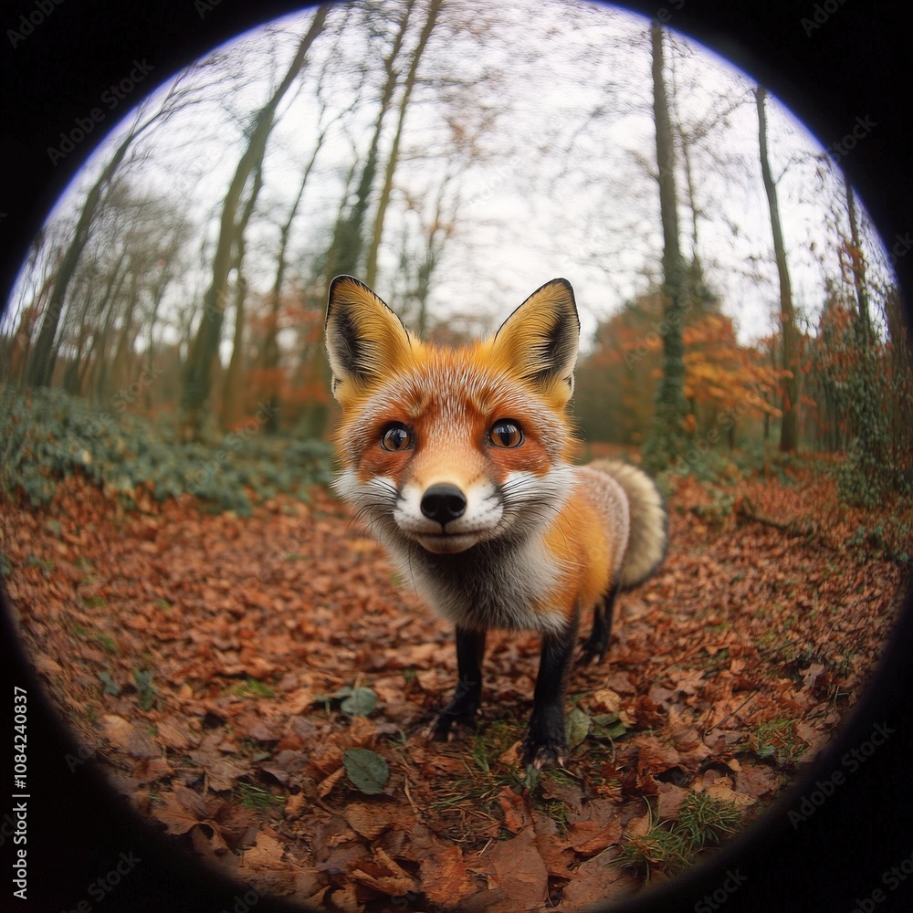 A cute little fox wanders through the forest, showing off its bushy tail and bright fur amidst fallen leaves. It curiously investigates its surroundings in a serene autumn atmosphere.