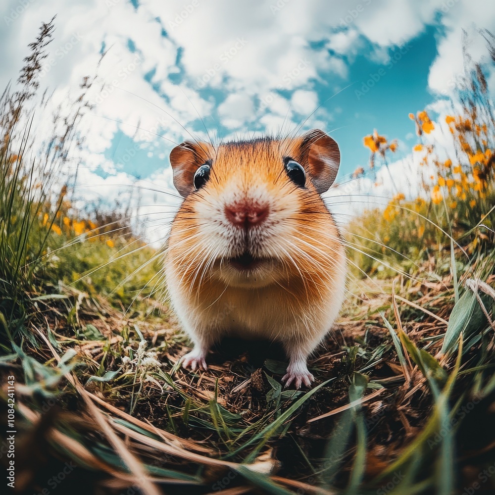 A cute little hamster wanders gently through a vibrant flower field under a sunny sky. It takes its time to explore the grass and blossoms, creating a charming scene of nature and curiosity.