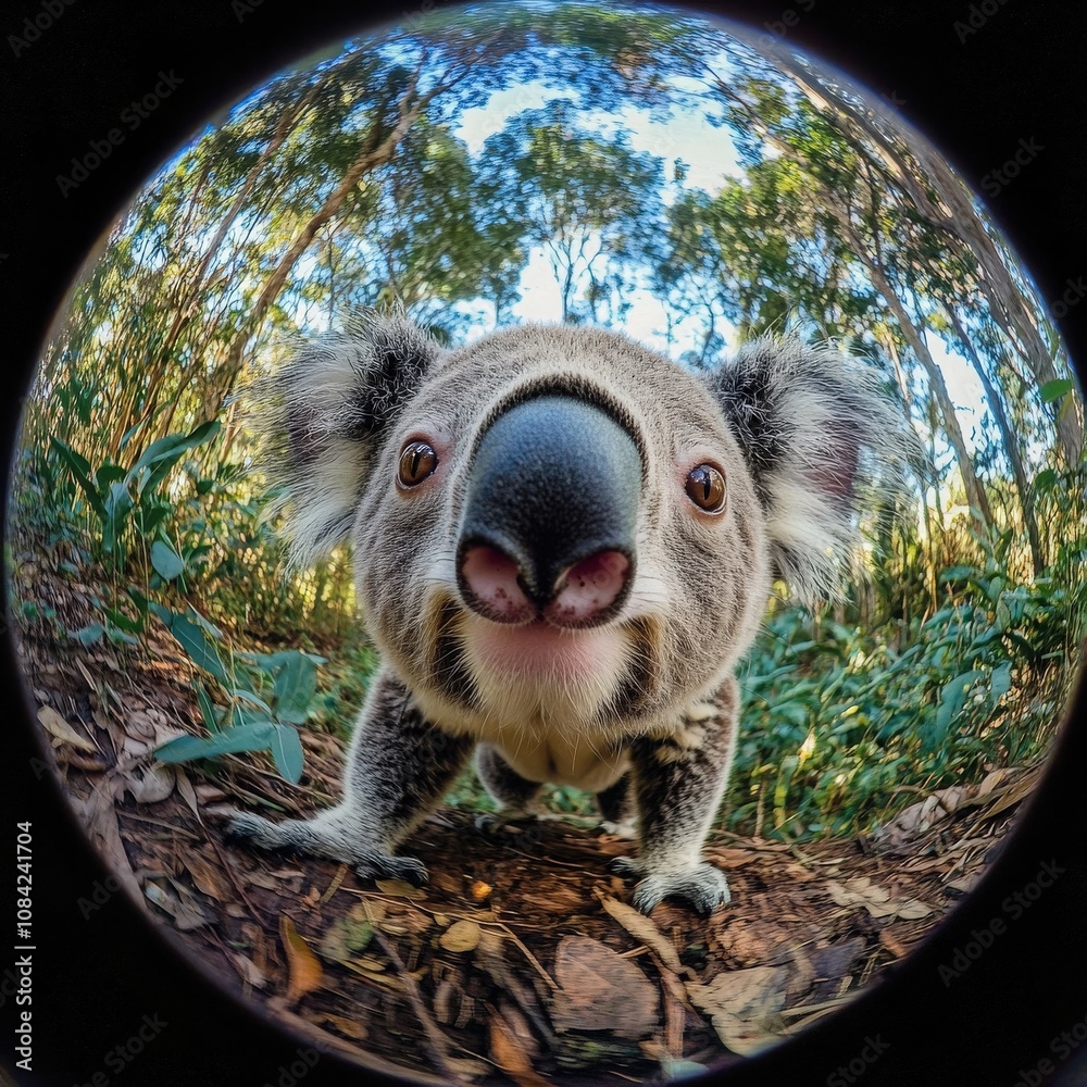 A cute little koala is curiously exploring a lush forest environment in the early morning. Its gentle movements and soft features highlight the tranquility of the natural surroundings.