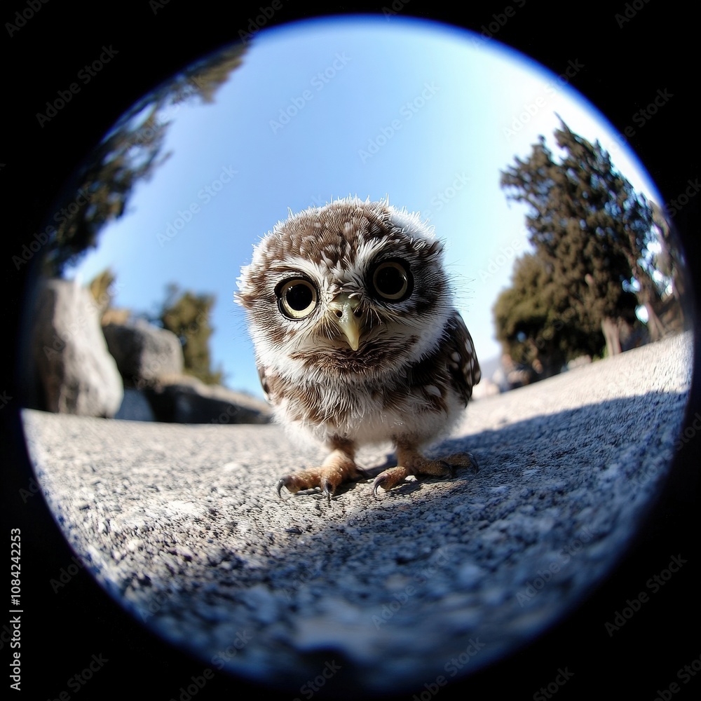 A cute little owl stands on a gray surface, curiously looking around. The bright sunlight illuminates its soft feathers, creating a charming moment in the wild.