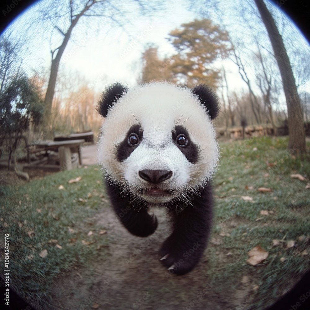 A cute little panda moves slowly through its lush environment, curiously taking in all that surrounds it. The playful creature showcases its adorable features in a serene outdoor setting.