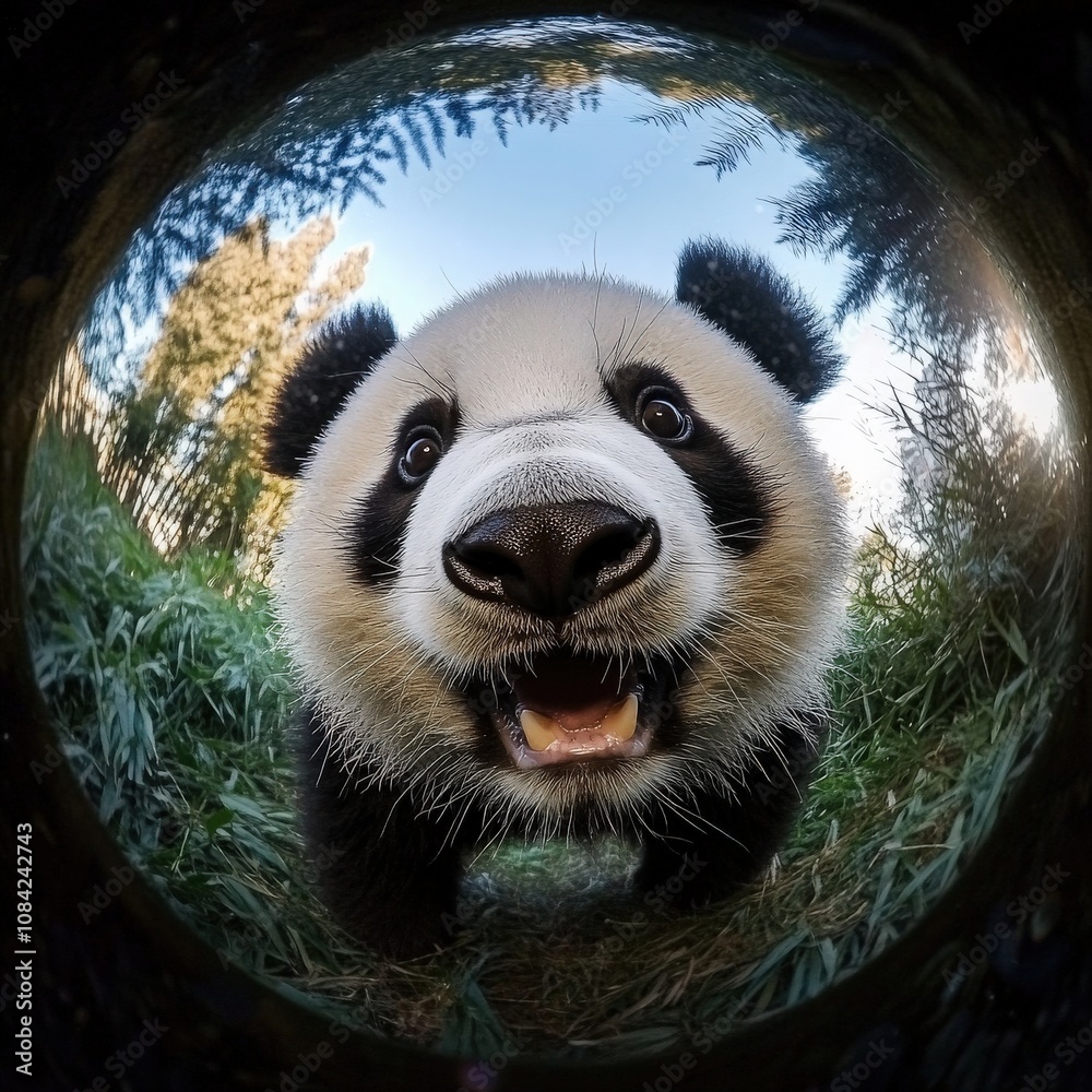 A cute little panda moves slowly through its vibrant environment, showing curiosity and joy. The sunlight filters through the trees, making the scene feel lively and cheerful.