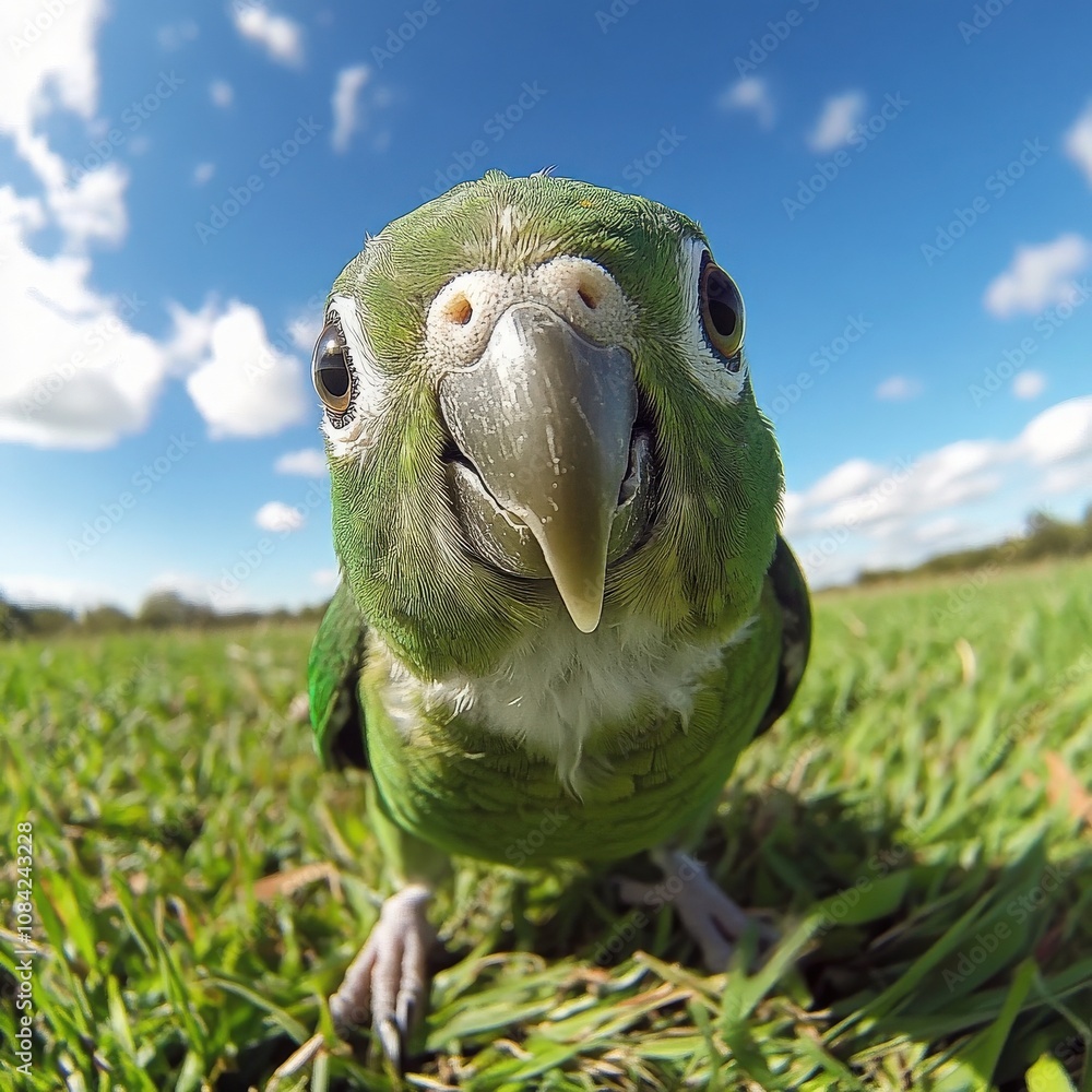 A cute little parrot walks slowly through the lush green grass, curiously looking at its surroundings. The bright blue sky filled with fluffy clouds adds to the cheerful atmosphere.