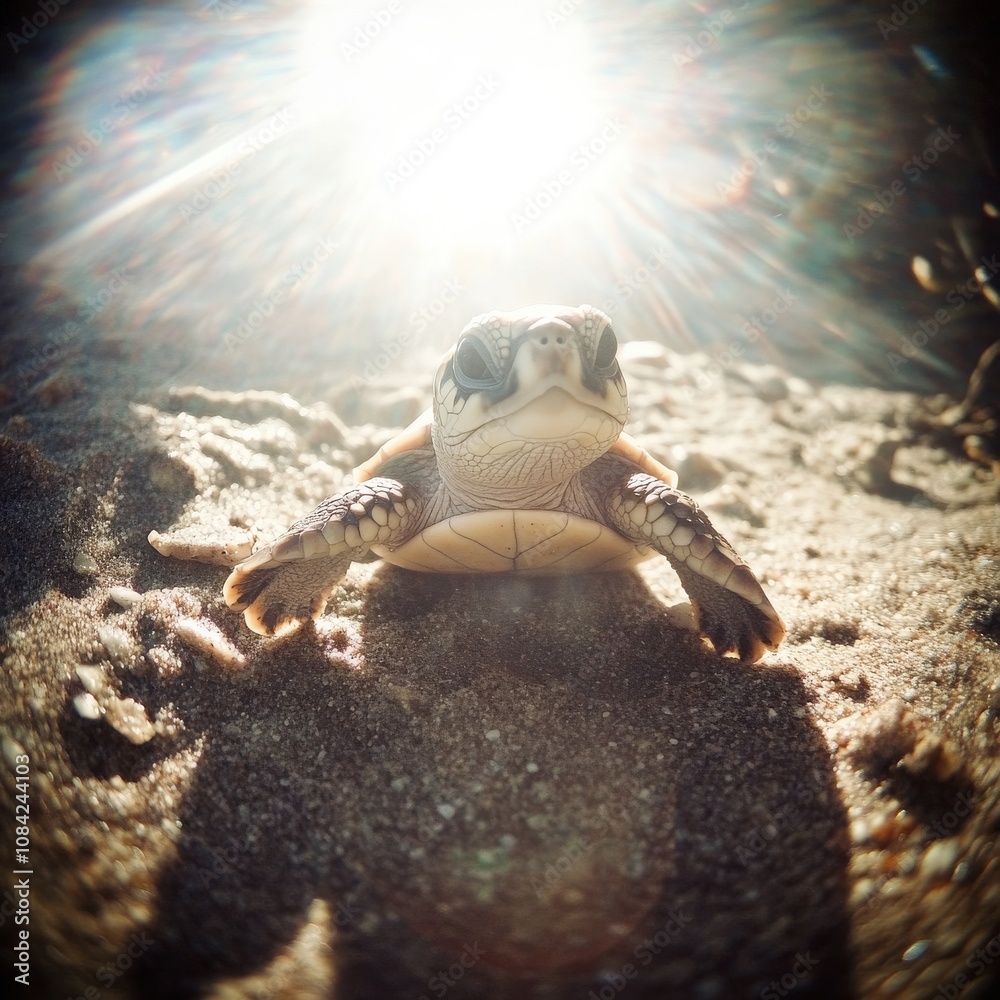 A cute little turtle makes its way across the warm, sandy beach, basking in the bright sunlight. Its slow movements and delicate features create a charming scene of natures beauty.