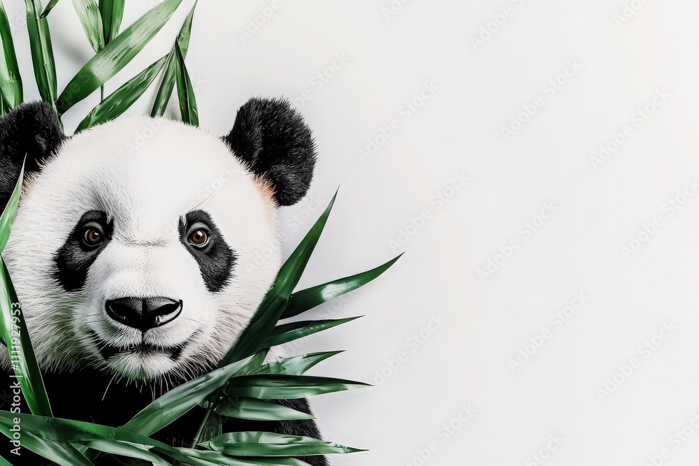 A cute panda is peering out curiously from behind vibrant green leaves in a bright, minimalist studio environment. This adorable moment captures the playful nature of the animal.