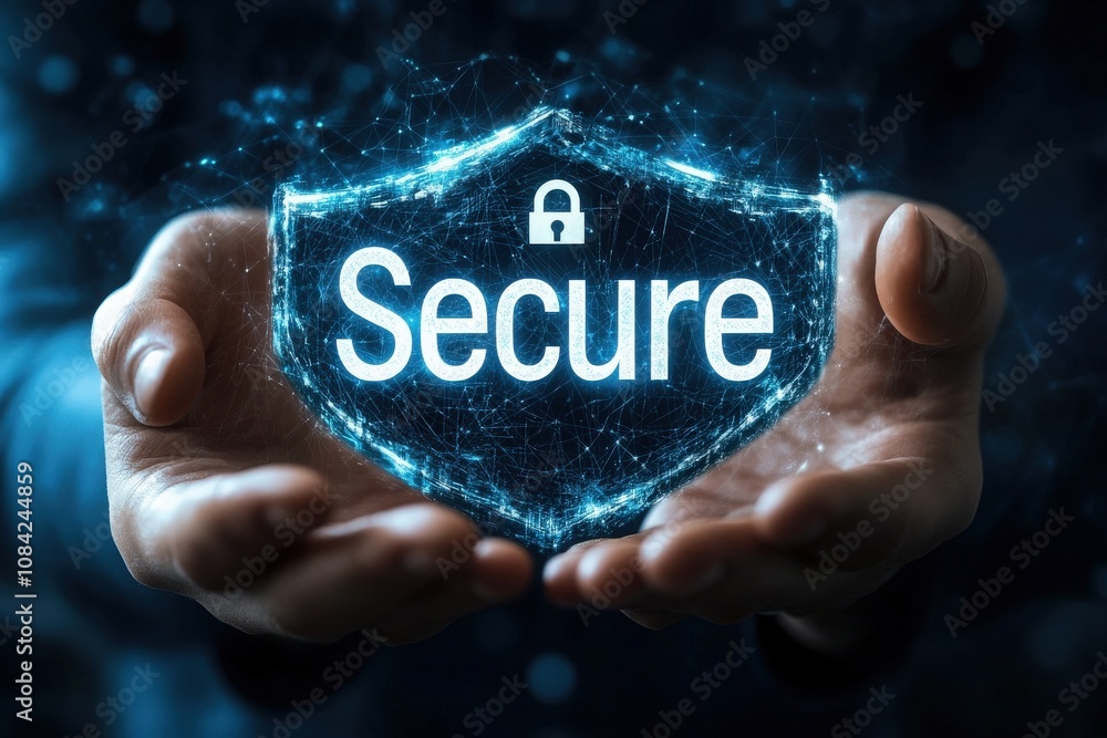 A cybersecurity expert is showcasing a virtual shield with the word Secure displayed prominently. The setting highlights advanced technology and emphasizes the importance of digital protection.
