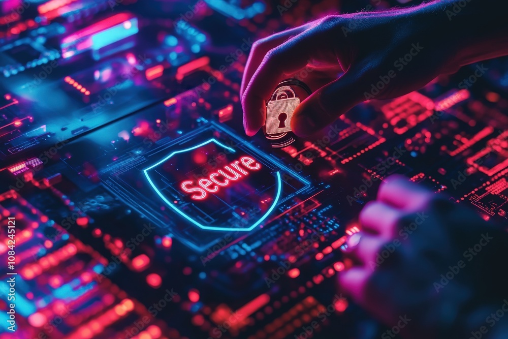 A cybersecurity specialist carefully interacts with a virtual security interface in a high-tech workspace. Bright neon lights illuminate the secure symbol, emphasizing the importance of cybersecurity.
