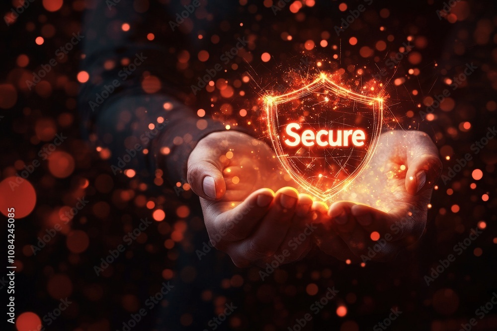 A cybersecurity specialist holds a glowing virtual shield labeled Secure in a dark environment, emphasizing the importance of protection in the digital realm.