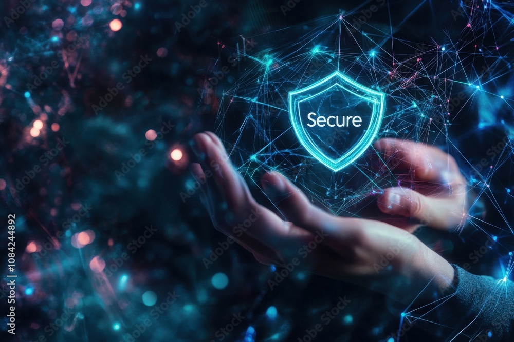A cybersecurity specialist is holding a glowing virtual shield symbol in both hands, representing protection and security in a dark, digital environment filled with interconnected data points.