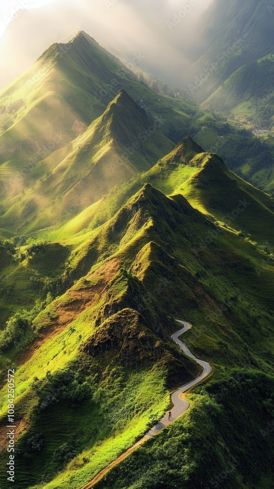 A cyclist expertly maneuvers along a twisting road that hugs steep green hills. The golden hour light enhances the vibrant landscape, creating a breathtaking view of the mountains.