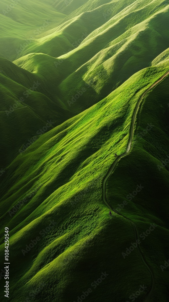 A cyclist is seen riding along a winding mountain road, surrounded by rolling green hills. The terrain showcases vibrant vegetation and the sun casts a soft light over the scenery.