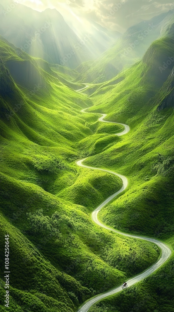 A cyclist skillfully rides along a winding mountain road surrounded by vibrant green hills. The sunlight cascades down, creating a serene atmosphere in the picturesque landscape.