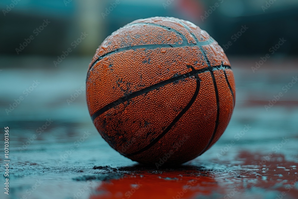 A damp basketball sits on a colorful court, glistening in the rain. The top-down perspective captures the texture of the ball and the reflections on the wet surface, creating a vibrant scene.