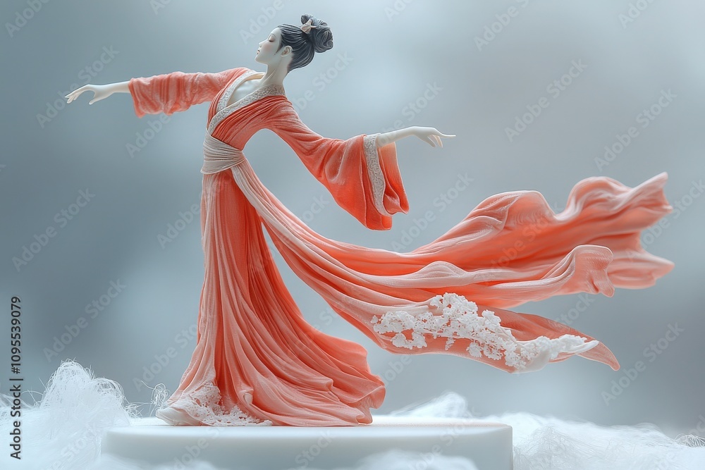 A dancer wearing an intricate coral gown embodies elegance and movement with her outstretched arms. The soft background enhances the delicate details of her attire and the graceful pose.