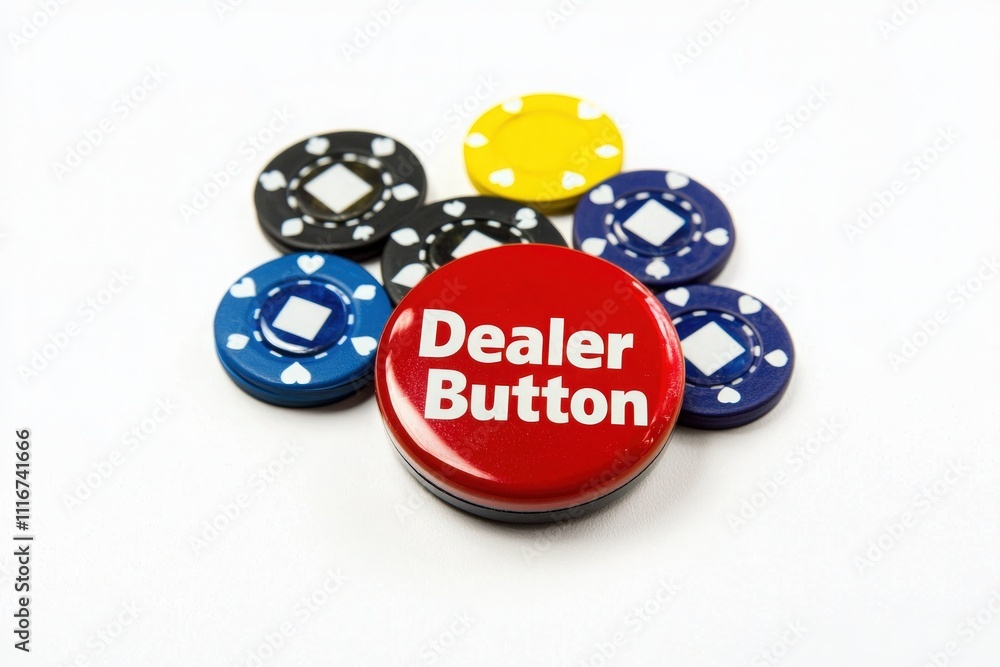 A dealer button featuring bold white text sits among colorful poker chips, including blue, black, and yellow. This setup showcases elements used in card games and casinos.