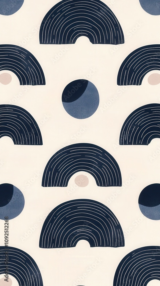 A decorative design with repeating navy arcs and circles against a soft light background. The pattern creates a visually appealing rhythm and modern aesthetic suitable for various applications.