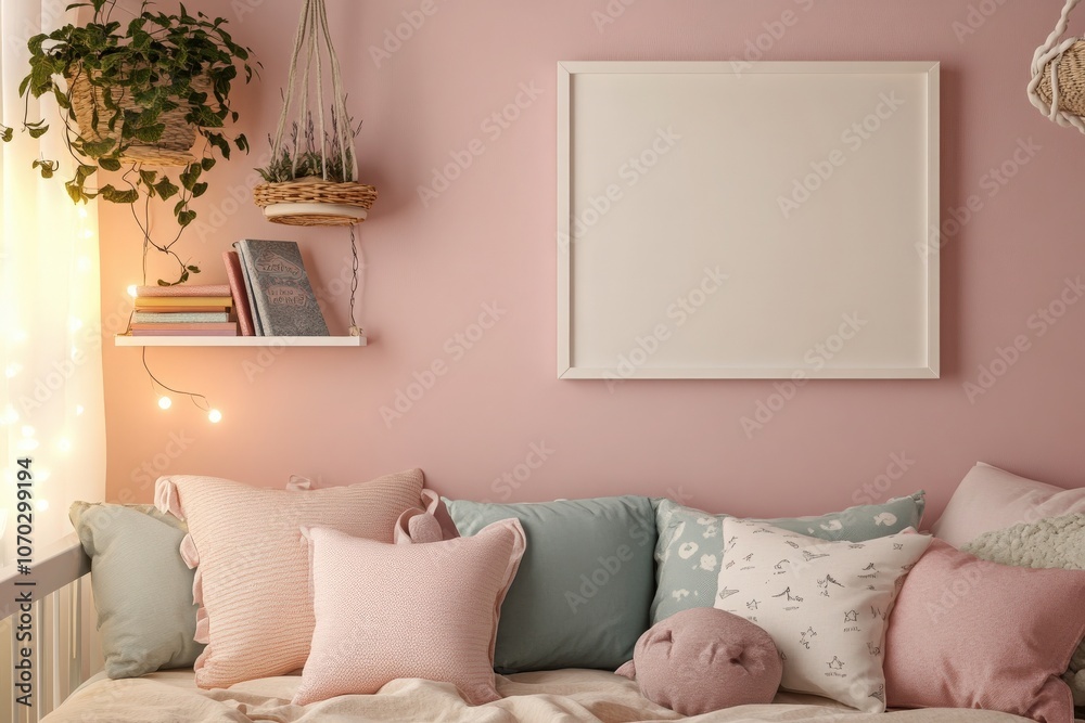 A decorative, empty square white frame hangs on a pink wall, above a cozy couch adorned with a variety of soft, pastel-colored pillows, creating a warm and inviting atmosphere in a living space.