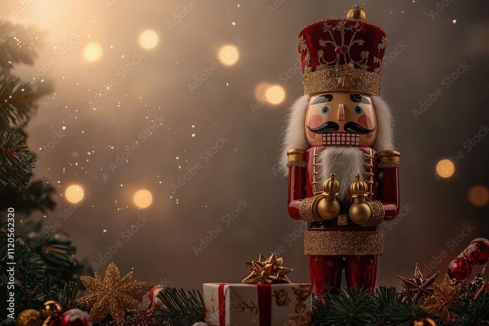 A decorative nutcracker figure, dressed in red and gold, holds small bells amidst twinkling fairy lights and colorful ornaments. This enchanting display captures the essence of the holiday spirit.