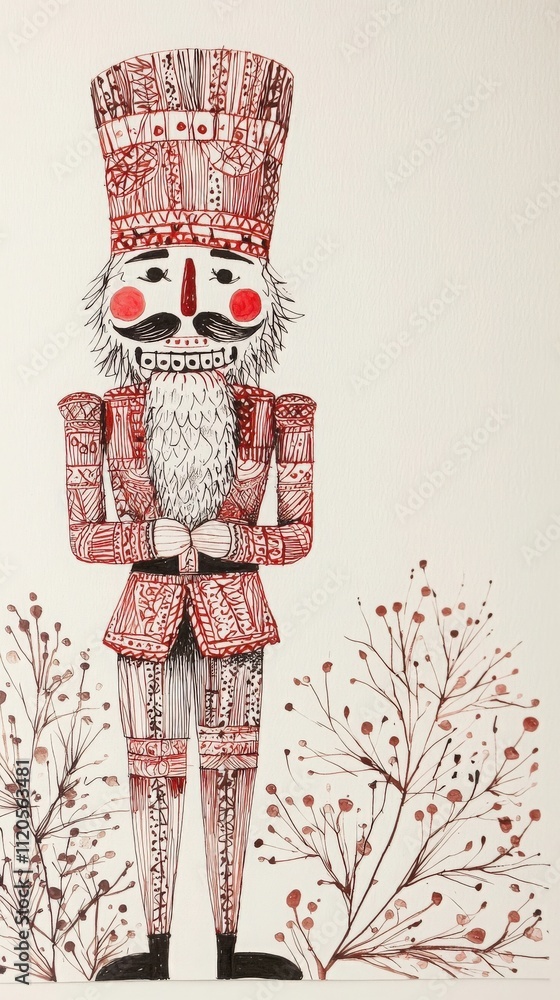 A decorative nutcracker figure dressed in vibrant colors stands proudly against a backdrop of whimsical floral patterns. The design showcases festive elements suitable for seasonal celebrations.