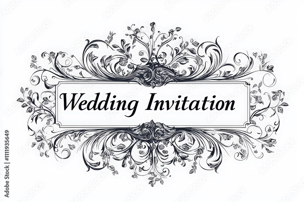 A decorative wedding invitation displays an elegant border of intricate floral designs, framing the words Wedding Invitation in a stylish font. This design captures a romantic and formal aesthetic.