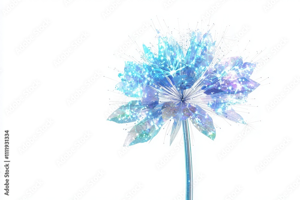 A delicate blue flower stands out with shimmering petals and sparkling effects. The background is white, enhancing the flowers vibrant colors and intricate design that draws the viewers eye.