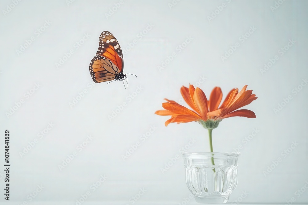 A delicate butterfly hovers above a wilted flower in a transparent glass vase. The background is softly lit, enhancing the simple beauty of this quiet moment.