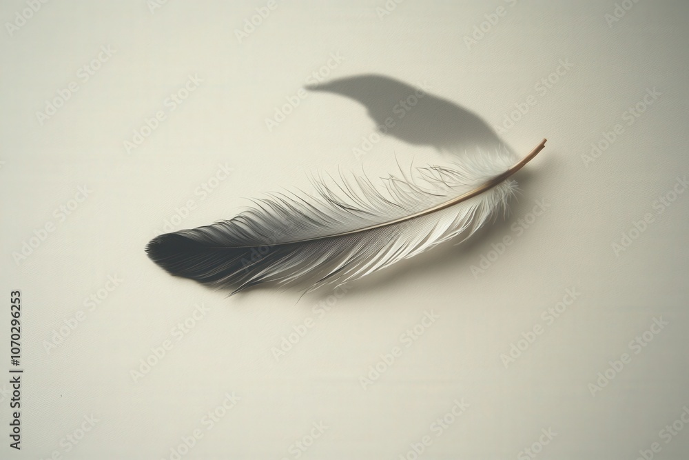 A delicate feather lies slightly ruffled on a plain surface, creating a subtle play of light and shadow. Its natural textures and colors are softly highlighted by the ambient light.