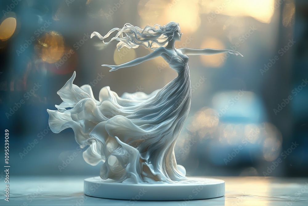 A delicate figurine of a woman gracefully dancing in a flowing dress stands against a blurred background at sunset. The warm light enhances the details of her flowing hair and attire.