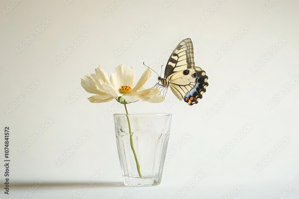 A delicate flower wilts in a small glass vase, while a butterfly flutters nearby, creating a serene atmosphere. The soft colors and gentle details capture the beauty of natures transience.