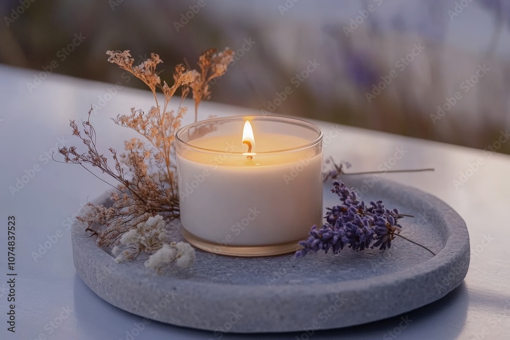 A delicate soy candle burns softly in a clear jar, surrounded by dried flowers and herbs on a stone surface, creating a serene atmosphere during the evening light.