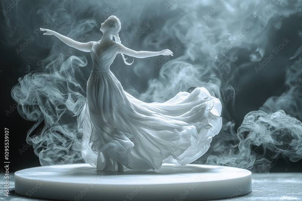 A delicate statue of a dancer in mid-pose is illuminated softly, surrounded by ethereal swirling smoke. The ambiance highlights the graceful lines of the figure and flowing fabric.