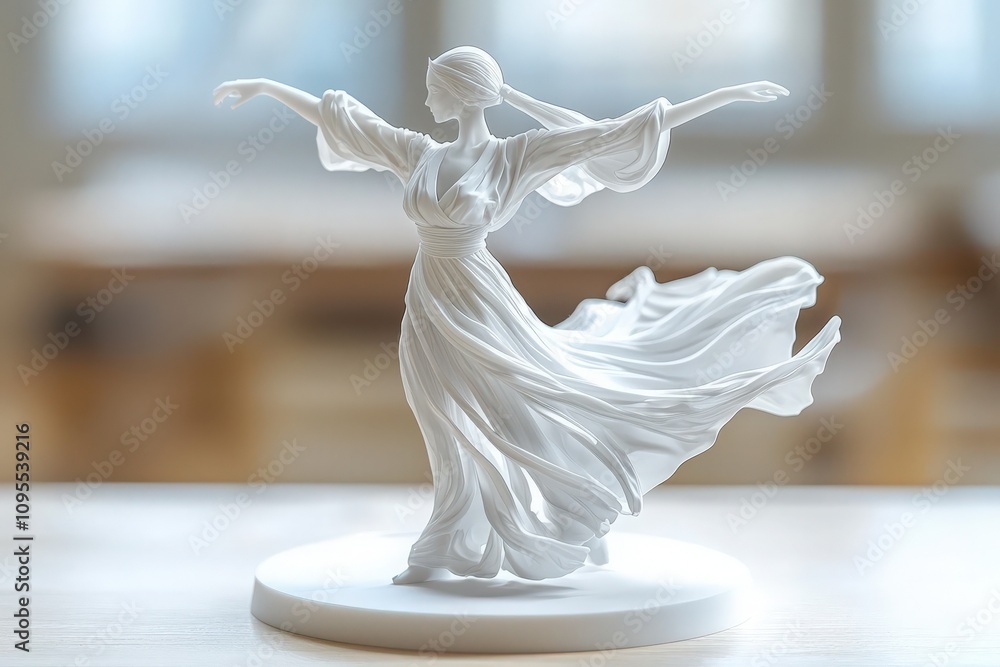 A delicate white sculpture depicts a dancing figure in flowing garments, arms raised in a graceful pose. Natural light enhances the artistry and soft textures of the piece.
