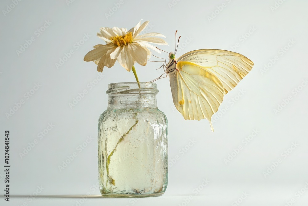 A delicate, wilted flower stands in a small glass vase, accompanied by a butterfly perched on its petals, creating a serene and natural display of beauty and fragility.