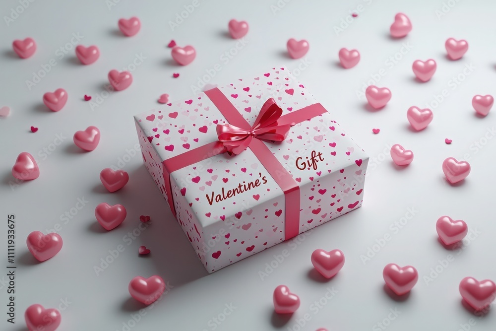 A delicately wrapped gift with a pink ribbon and heart patterns sits on a white surface. Scattered pink hearts enhance the romantic atmosphere, perfect for Valentines Day celebrations.