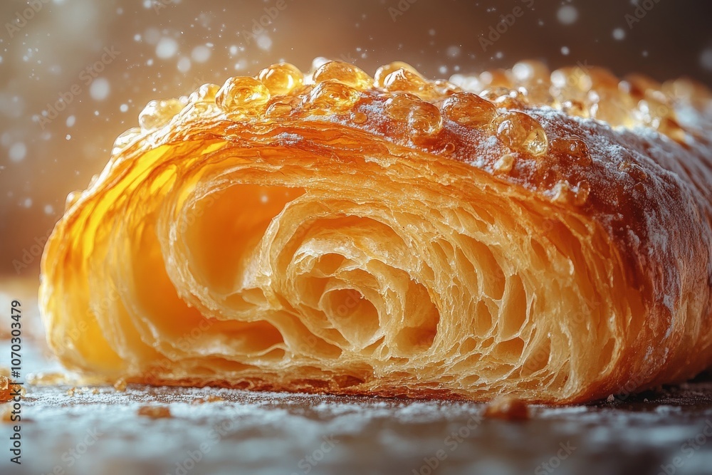 A delicious croissant sits on a wooden surface, showcasing its flaky, golden layers. Sugar glaze glistens atop the pastry, highlighting the craftsmanship in a warm kitchen atmosphere.