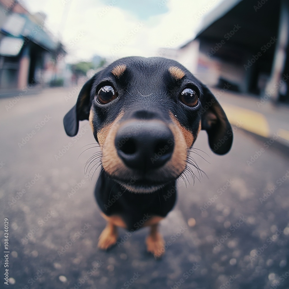 A delightful little dog with shiny black and tan fur curiously explores the quiet street. Its adorable face, full of personality, brightens the surroundings with playful energy as it strolls slowly.
