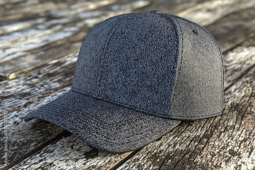 A denim cap is placed on an aged wooden surface, showcasing its fabric texture and casual design. The natural light highlights the details of the cap, emphasizing its stylish appeal.