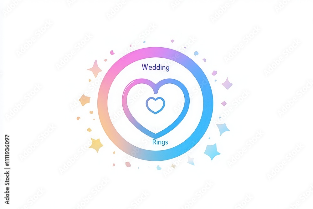 A design showcases two heart shapes intertwined within a circular frame, surrounded by colorful gradients and sparkles, symbolizing love and commitment in weddings.