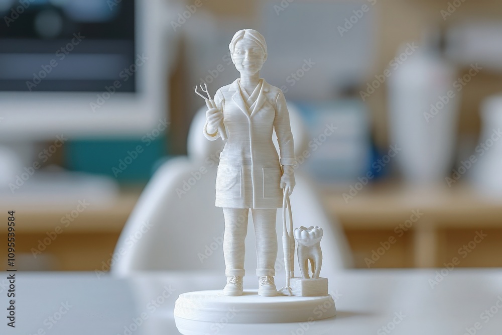 A detailed 3D printed model features a woman holding gardening tools alongside a small dog. Set against a contemporary office background, this scene highlights creativity and design.