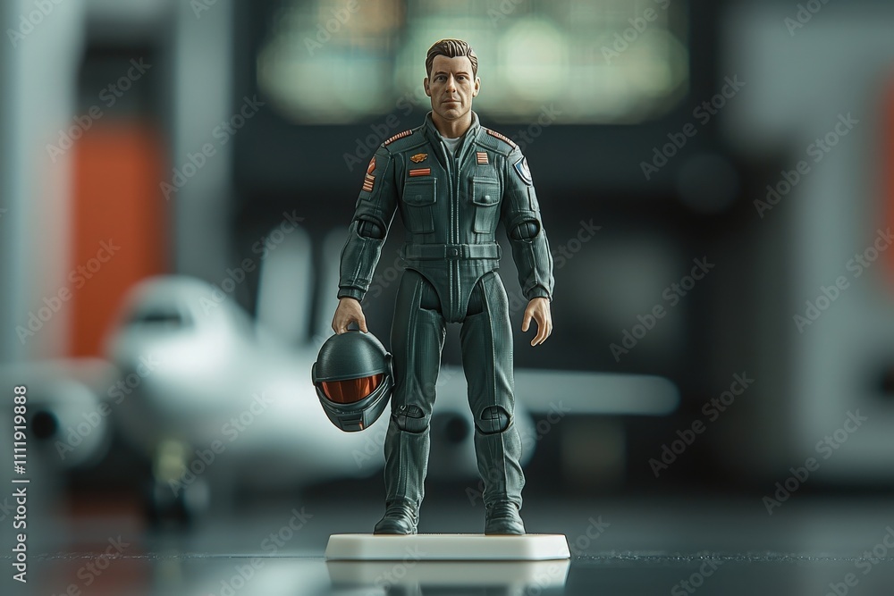 A detailed action figure of a pilot wearing a green jumpsuit and holding a helmet stands on a tabletop. Behind the figure, a small model aircraft is displayed, adding to the scenes aviation theme.