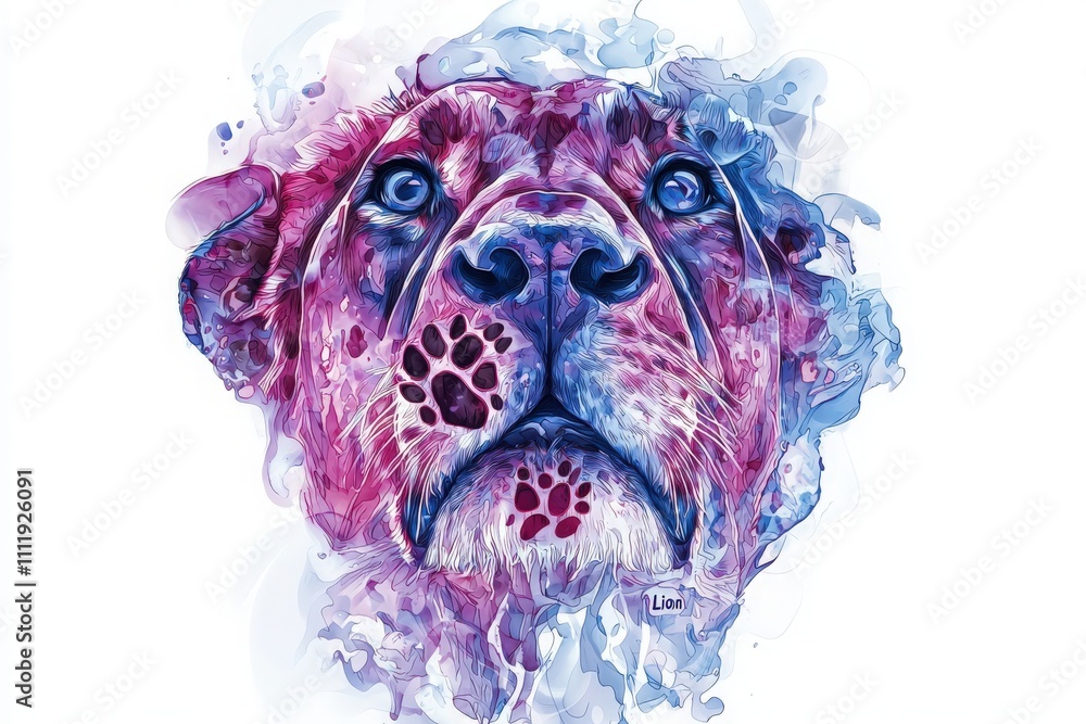 A detailed and colorful portrait of a dog, showcasing vibrant watercolors that enhance its expressive features. The artwork captures the essence and character of the animal beautifully.