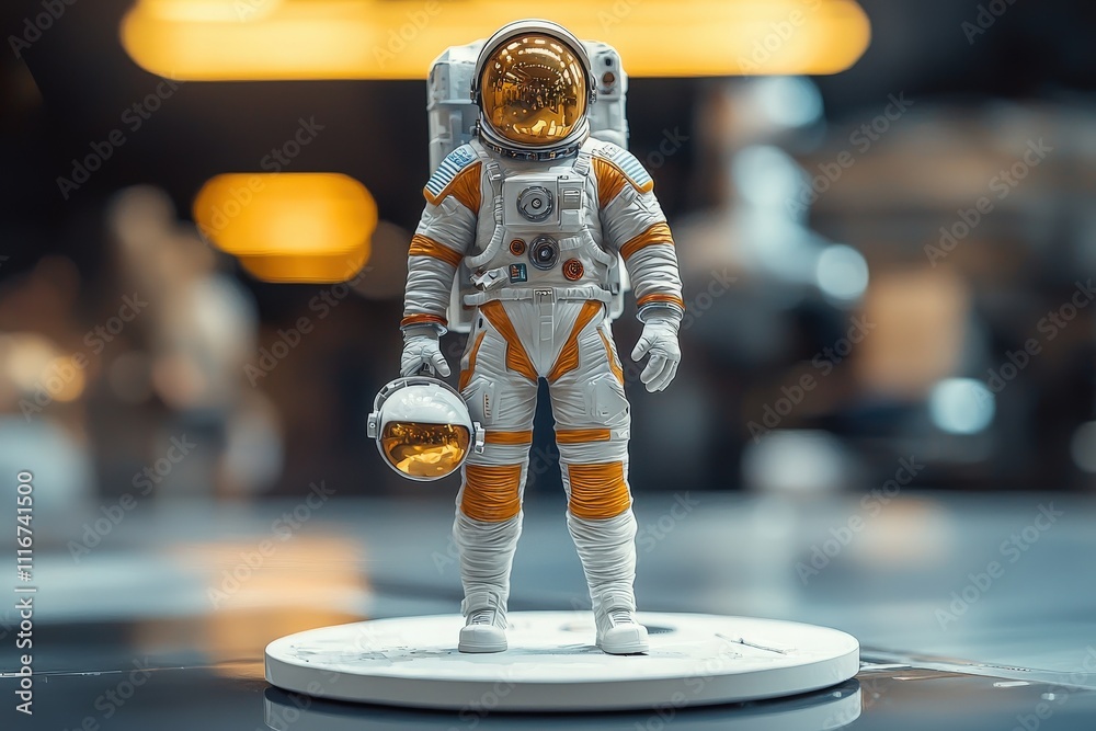 A detailed astronaut figure stands on a circular base, holding a helmet under one arm. The bright visor reflects surrounding lights, capturing a blend of colors in a studio environment.