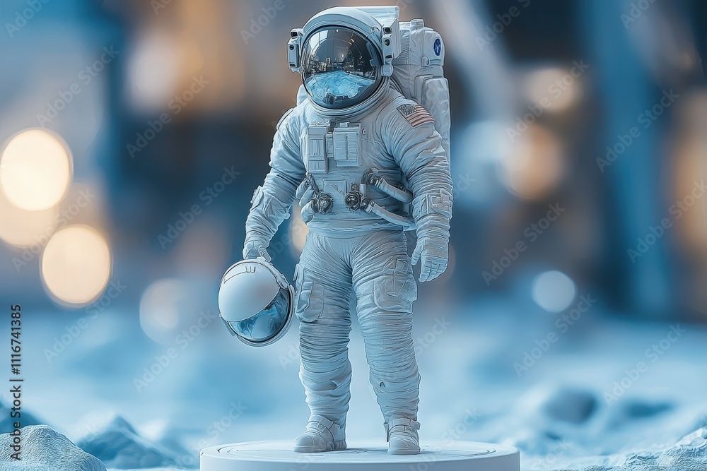 A detailed astronaut figurine is positioned on a lunar-like surface, holding a helmet. The design features intricate spacesuit elements, highlighting a futuristic, exploratory theme.